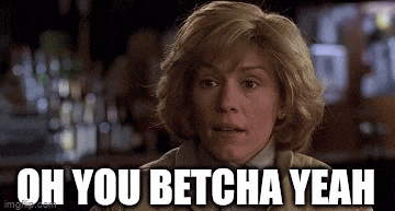 a woman is standing in front of a bar with the words `` oh you betcha yeah '' written on her face .