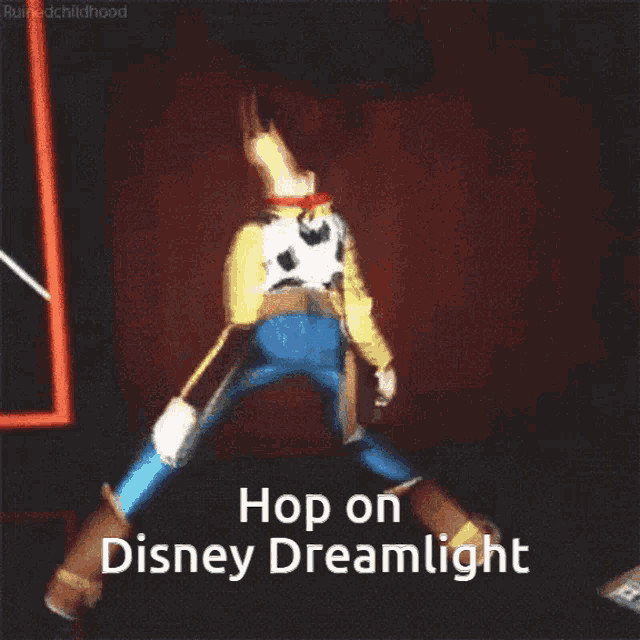 woody from toy story is jumping in the air with the words hop on disney dreamlight above him