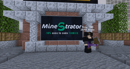 a minecraft character standing in front of a sign that says minestrator