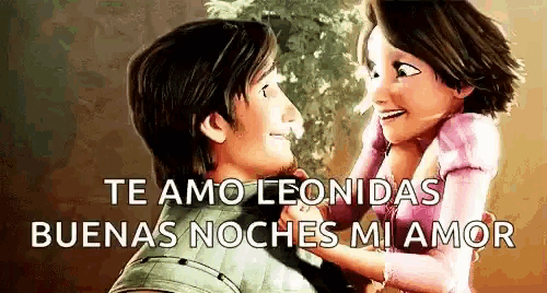 a cartoon of a man and a woman hugging with the words te amo leonidas buenas noches mi amor on the bottom