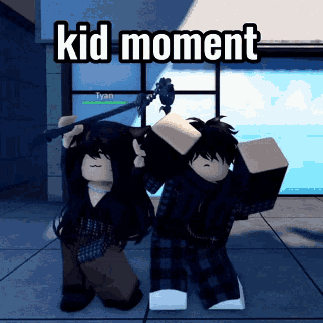 a couple of cartoon characters standing next to each other with the words kid moment written above them
