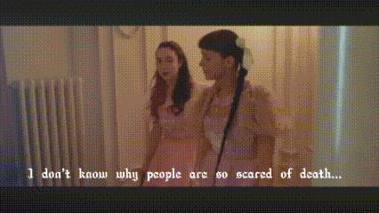 two women are standing next to each other in a room with the words i don t know why people are so scared of death