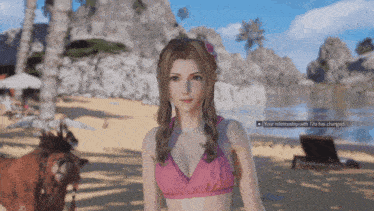 a screenshot of a video game shows a woman in a pink bikini on the beach