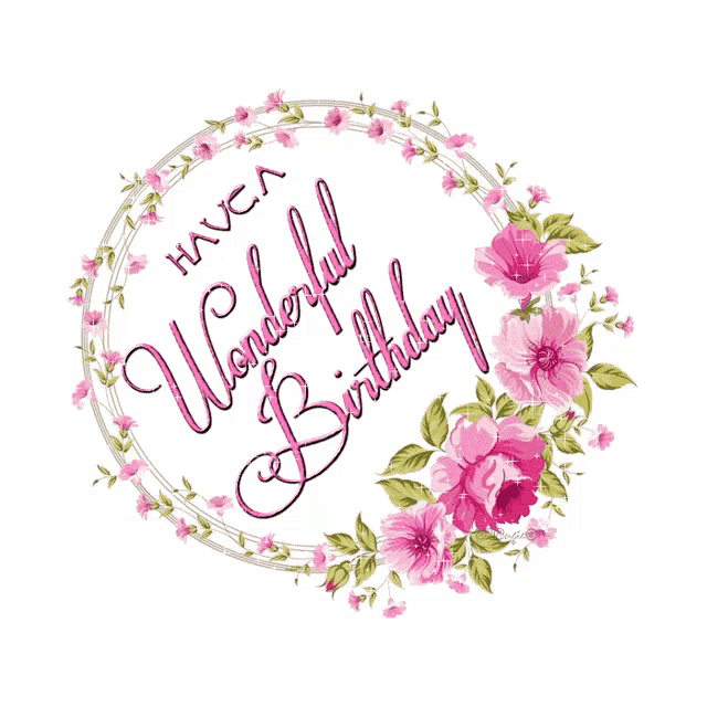 a wonderful birthday card with pink flowers and green leaves