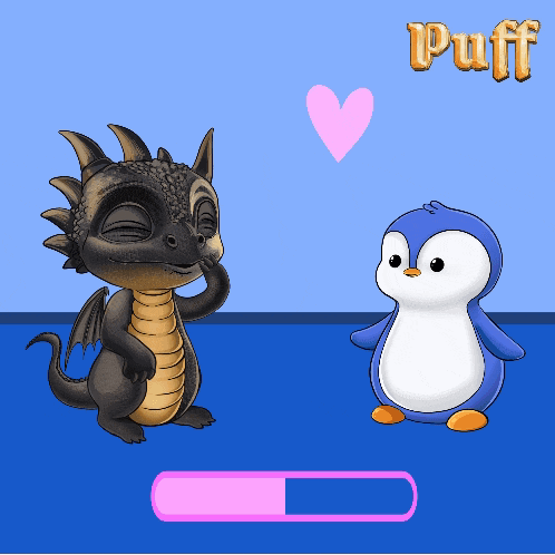 a penguin and a dragon are standing next to each other and the word puff is on the bottom