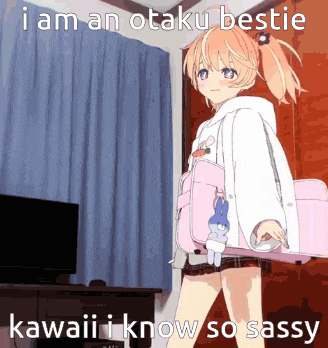 a cartoon of a girl holding a pink bag that says " i am an otaku bestie "