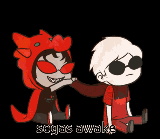 a cartoon drawing of a boy and a girl with the words segas awake below them