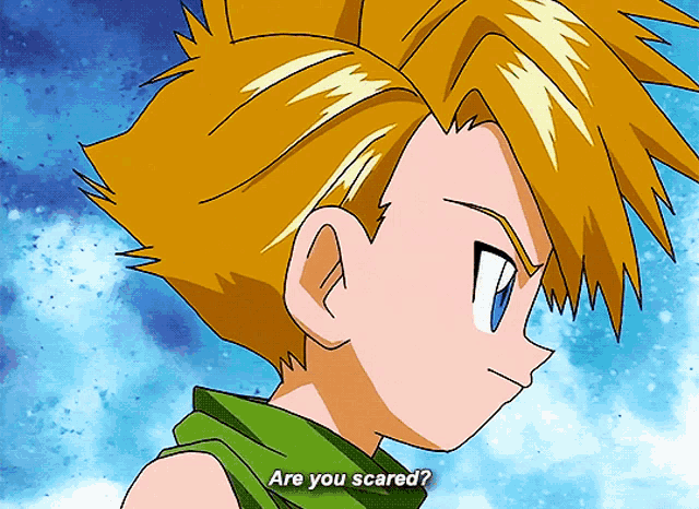 a cartoon character says " are you scared " while wearing a green shirt