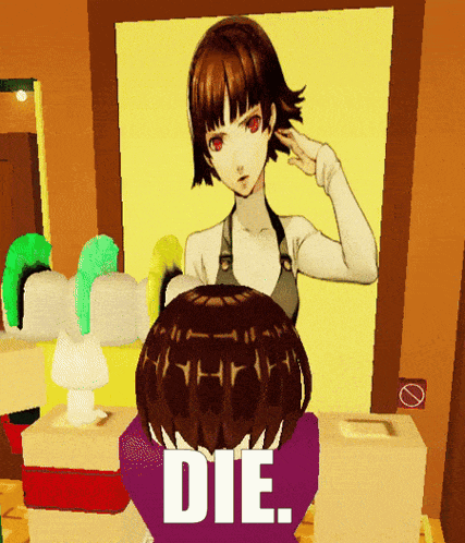 a cartoon of a girl looking at herself in a mirror with the words die below her head