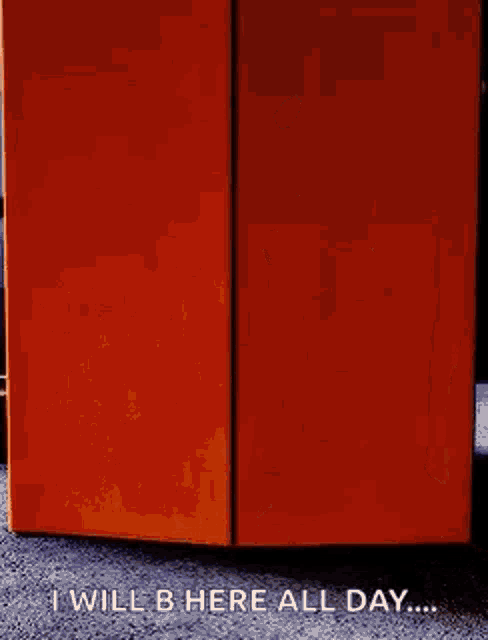a person is peeking out from behind an orange door .