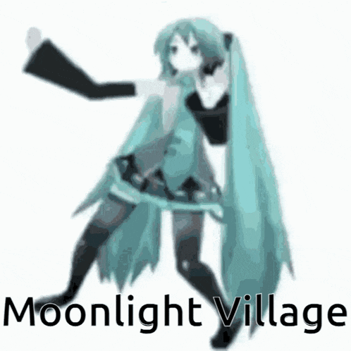 a picture of hatsune miku dancing with the words moonlight village written below her