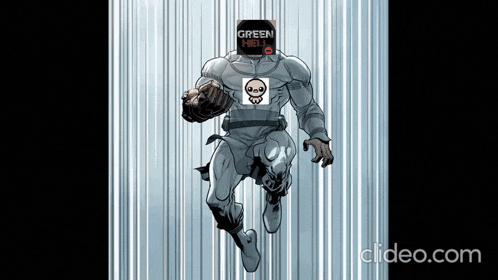 a cartoon of a superhero with a green ninja sticker on his face