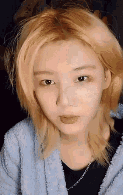 a close up of a woman 's face with blonde hair .
