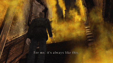 a man walking down stairs in a video game with the words for me it 's always like this on the bottom
