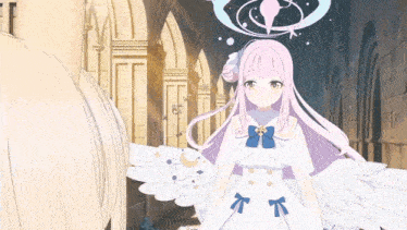 a girl with pink hair and wings is standing next to another girl in a white dress .