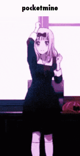 a girl in a black dress is dancing in front of a white background with the word pocketmine on it