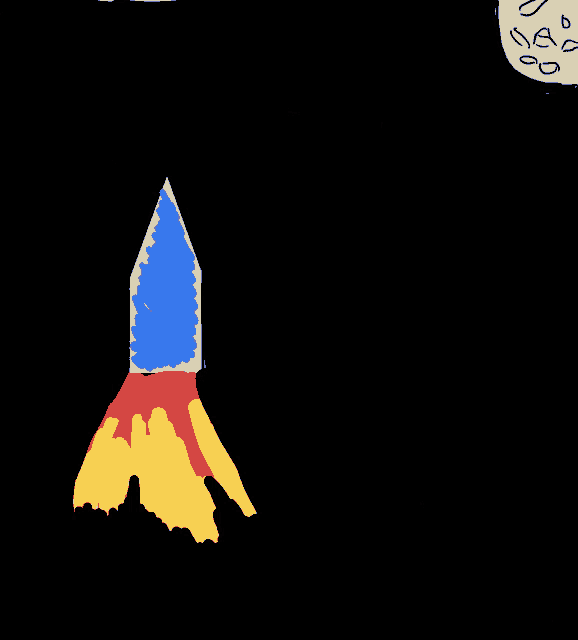 a cartoon drawing of a rocket flying through the air