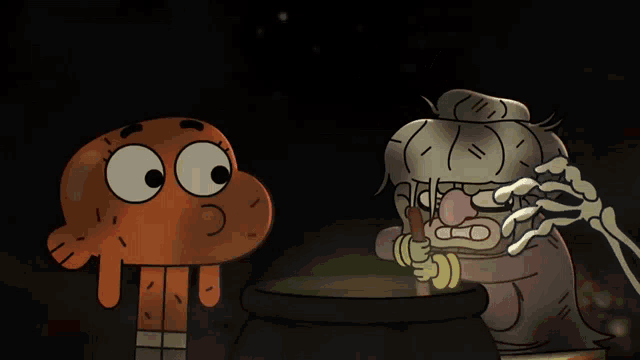 two cartoon characters are standing next to each other with one making a face