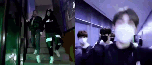 a group of people wearing masks are walking down stairs in a hallway .