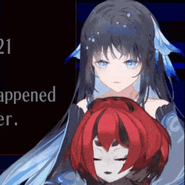 a girl with long black hair and blue eyes is holding another girl 's head in front of a sign that says " happened "