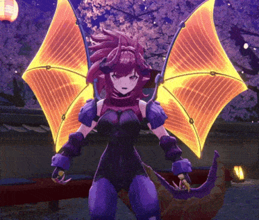 a girl in a purple and orange outfit with wings