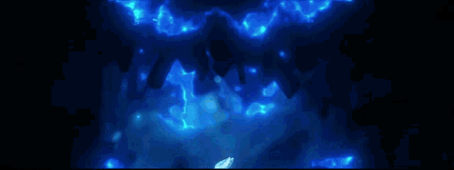 a glowing silhouette of a woman is standing in a dark room surrounded by blue lightning .