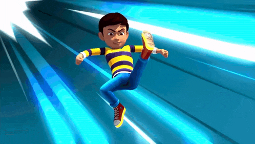 a cartoon boy in a yellow and purple striped shirt is kicking his leg in the air