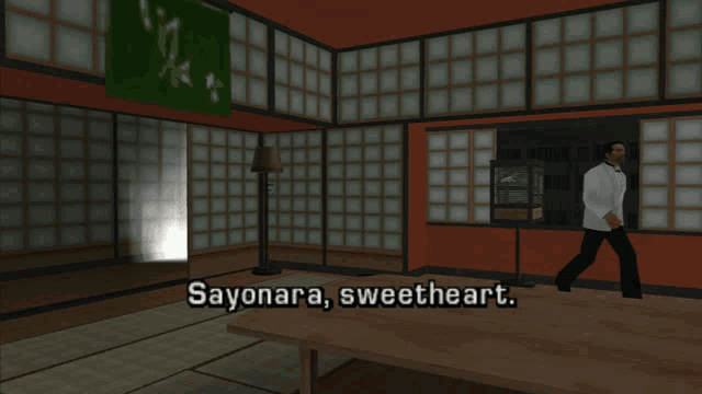 a man in a tuxedo walks through a room with the words sayonara sweetheart written on the floor
