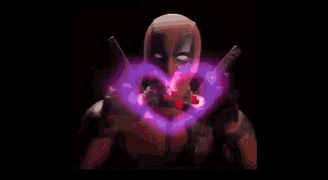 deadpool is a superhero with a purple light coming out of his mouth and chest .
