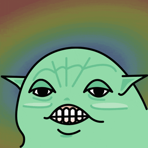 a cartoon drawing of a green monster with a big mouth and teeth
