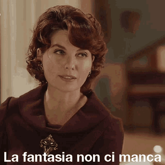 a woman in a brown dress with the words la fantasia non ci manca below her
