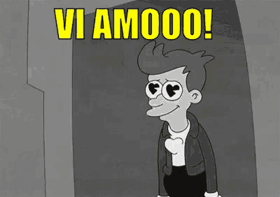 a cartoon character with hearts in his eyes and the words vi amooo on the bottom