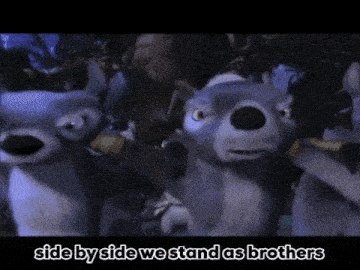 a group of stuffed animals standing next to each other with the words side by side we stand as brothers