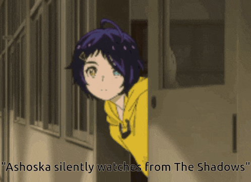 a cartoon of a girl with the words " ashoswa silently watches from the shadows " behind her