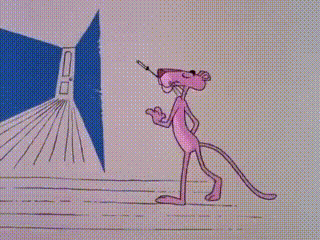 a cartoon of a pink panther standing in front of a blue wall