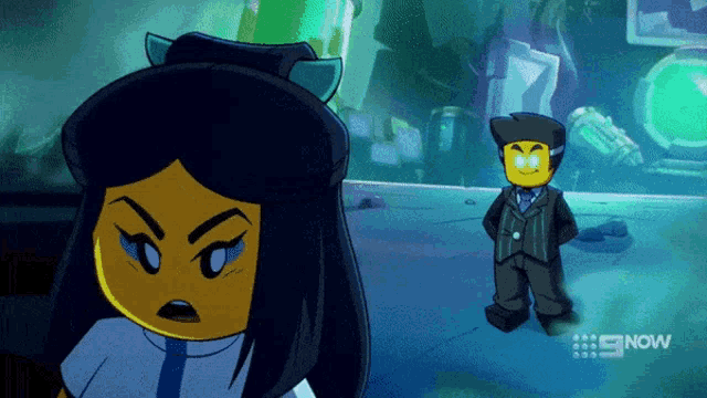 a cartoon of a man and a girl standing next to each other with the word now on the bottom