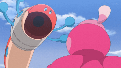 a cartoon character with a large mouth is standing next to a pink cartoon character