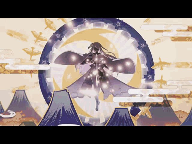 a painting of a woman in a kimono surrounded by clouds and a crescent moon