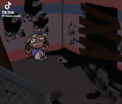 a cartoon character is laying on the ground in a room with posters on the wall and a tiktok logo