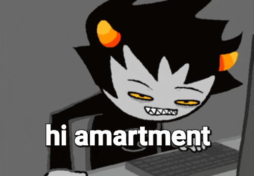 a cartoon character says hi amartment while typing on a computer