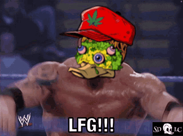 a wrestler with a marijuana leaf on his hat is saying lfg !!!