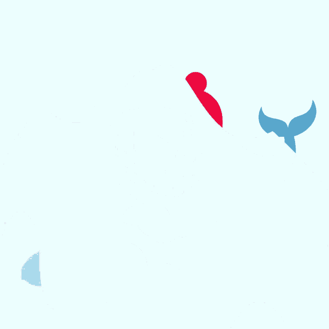 a blue whale with a red scarf around its neck is flying through the air