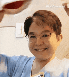 a person wearing glasses and a name tag with pixverse.ai written on the bottom right