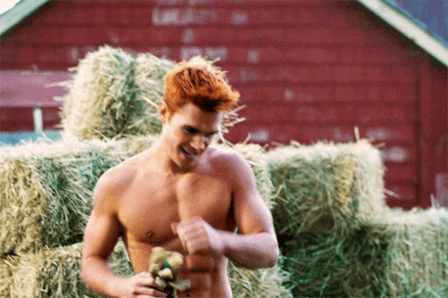 a shirtless man with red hair stands in front of hay bales