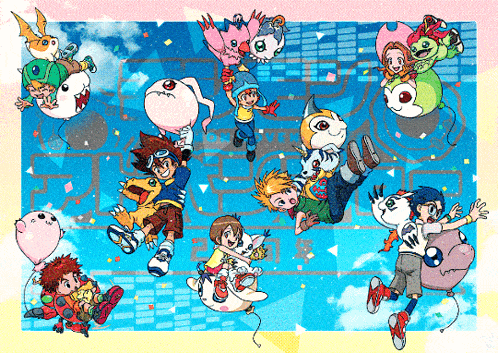 a cartoon of a group of kids flying in the air with balloons