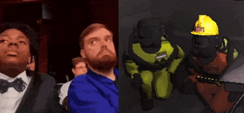 a man in a tuxedo is next to a cartoon of a man in a gas mask