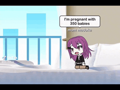 a girl with purple hair is sitting on a bed and talking about being pregnant with 350 babies