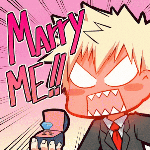 a cartoon character says marry me while holding a ring in a box