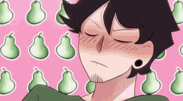 a man with a beard and ear piercings is surrounded by green pears