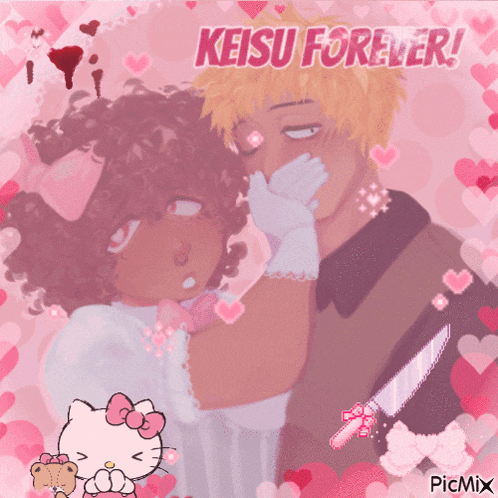 a drawing of a girl kissing a man with the words keisu forever written above them